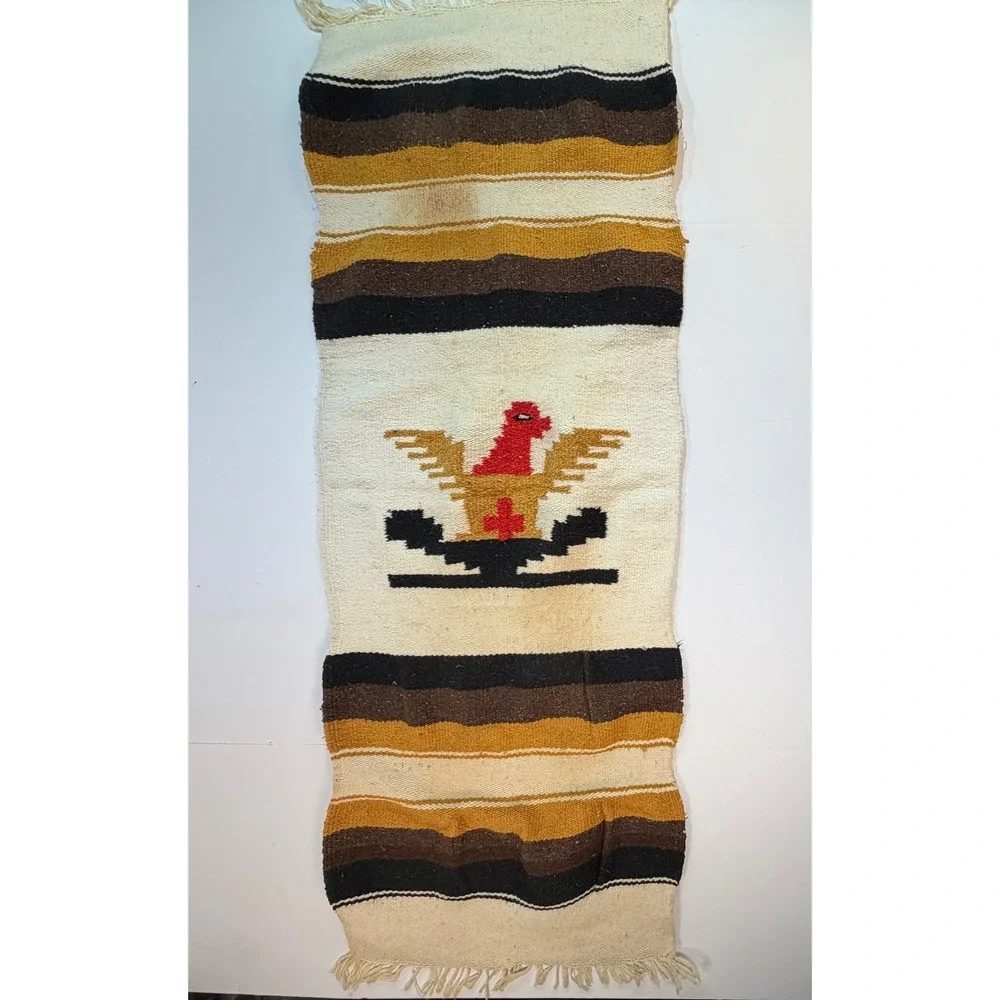 Vintage Mexican Thunderbird Wool Rug Table Runner Southwestern Woven 45x17 Cream